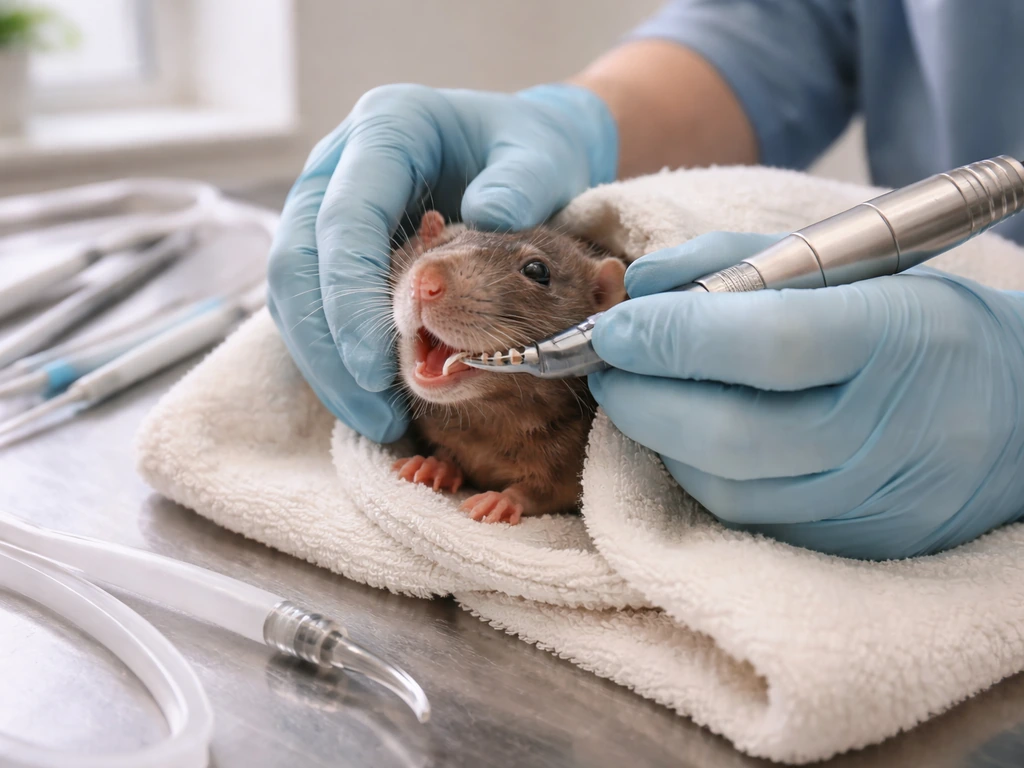 Veterinarian safely trims a rat’s overgrown incisors with a rotary dental tool under light sedation