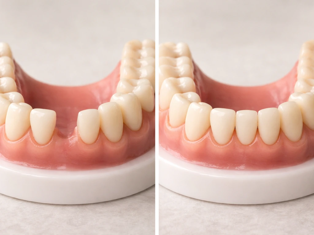 Side-by-side dental arches: missing tooth shows space, drift, and reduced gum/jawbone; retained tooth looks full.