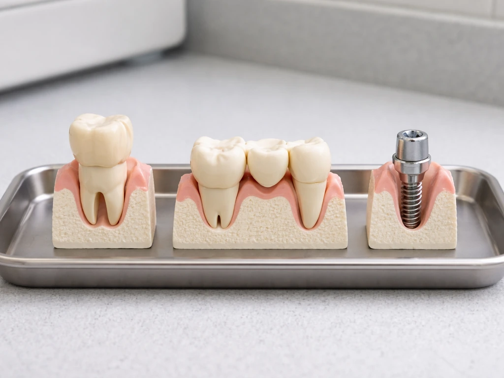 Minimal clinic counter with side-by-side crown, bridge, and implant tooth restoration models.