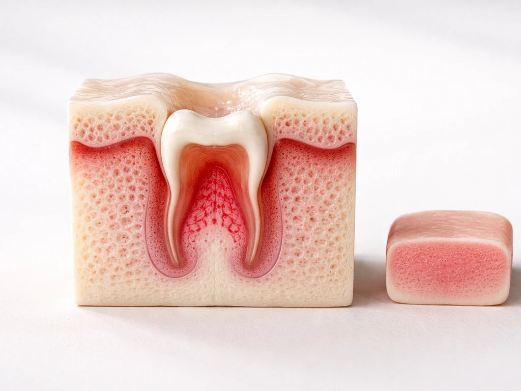 Close-up of a jaw tooth-germ model with enamel organ and dental papilla, contrasted with a finger lacking them.