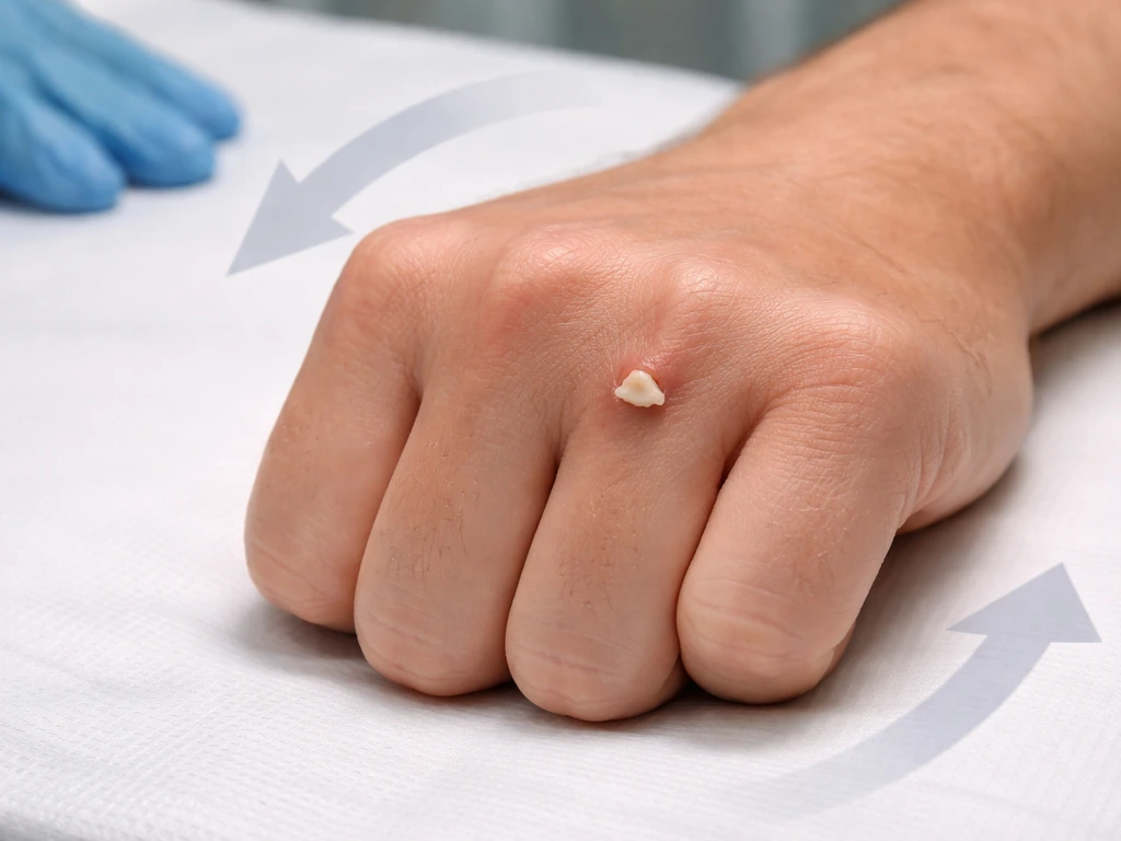 Medical close-up of a knuckle with a small embedded tooth fragment, non-graphic and clinical.