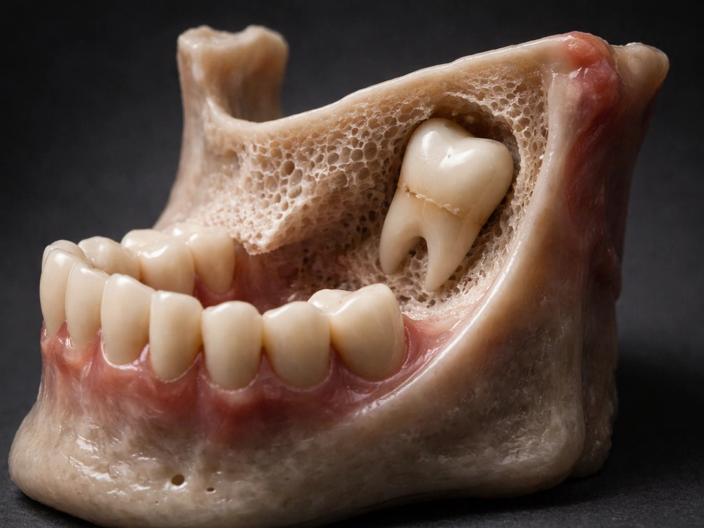 An ectopic tooth erupting outside its usual position but still within the jaw bone, shown anatomically.