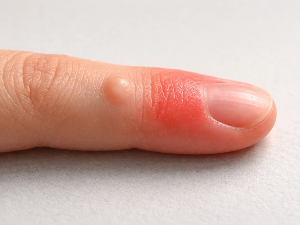 Close-up of a finger showing a small benign lump beside a mildly red, swollen inflamed area.
