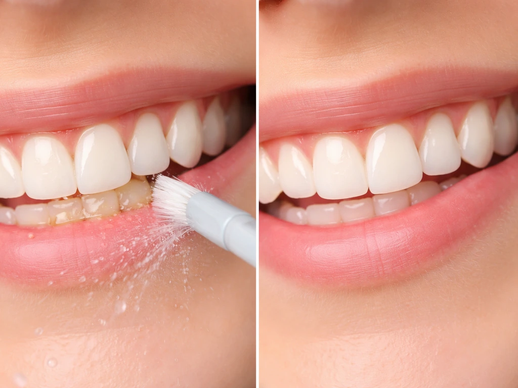 Close-up gumline showing sticky plaque film removed, with calmer gums after.