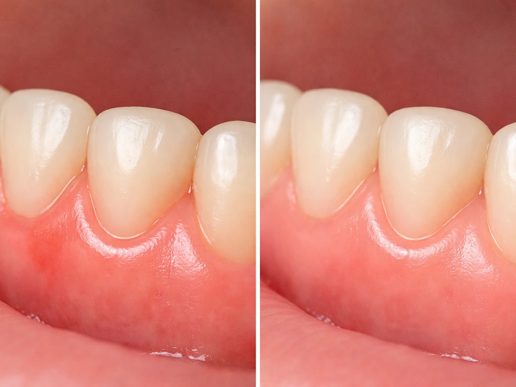 Minimal mouth-care scene showing gum healing progress over days with less redness and bleeding
