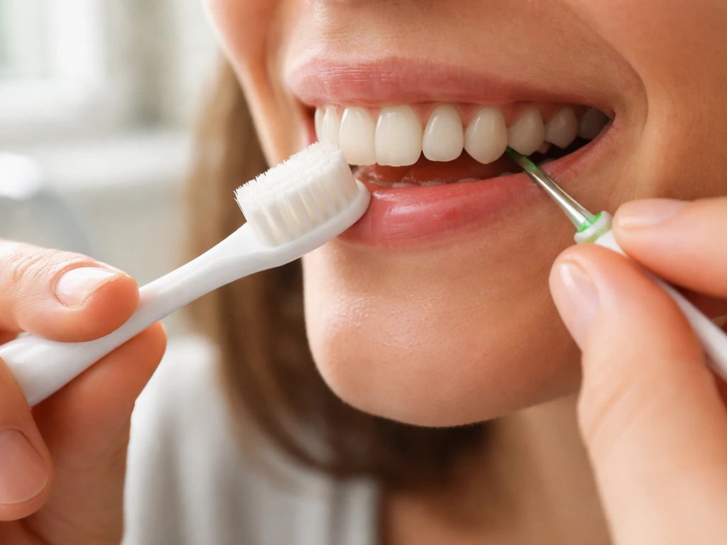 Soft-bristled toothbrush at the gumline with interdental pick placed near gums in a bathroom sink scene