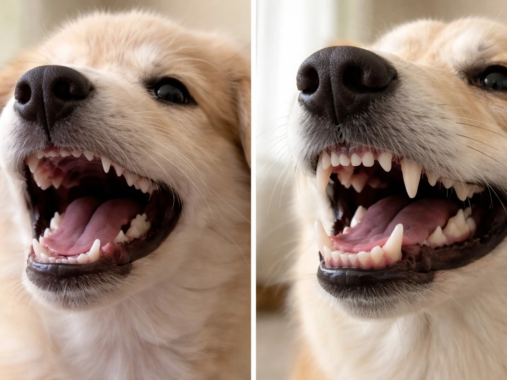 Side-by-side close-up of a puppy and an adult dog with visible teeth in natural light.