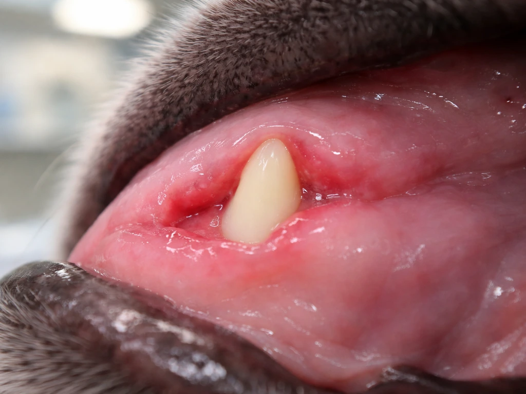 Close-up of a dog’s lower gumline with a tooth crown emerging through the gum