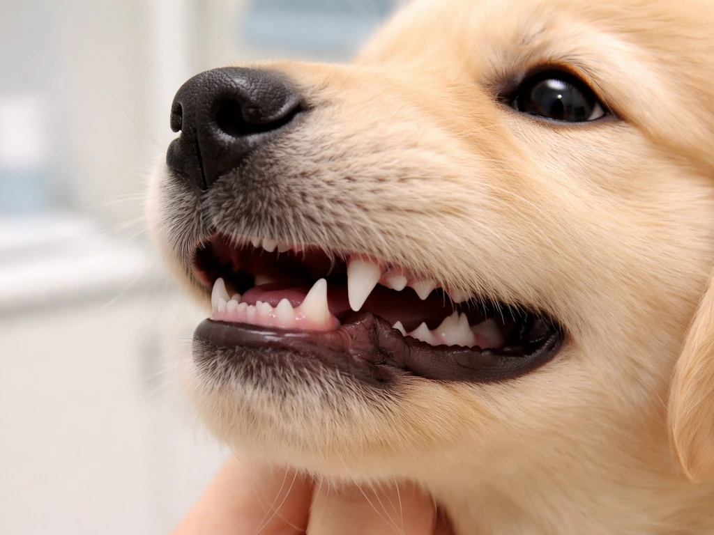 Young dog’s mouth showing emerging pointy permanent canine teeth in a quiet exam room.