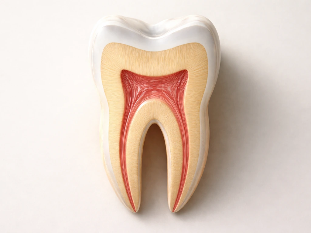 Minimal photo showing a tooth cross-section with highlighted enamel, dentin, and pulp layers