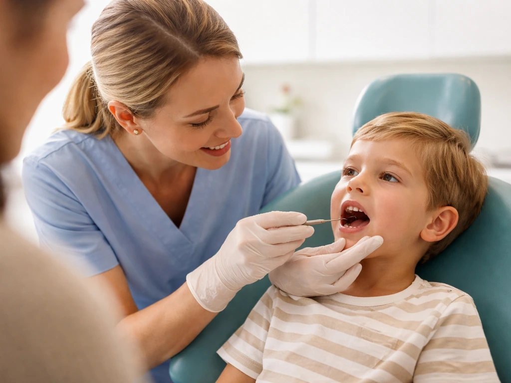 Dentist gently examining a child’s mouth in a bright clinic during a delayed tooth eruption check.