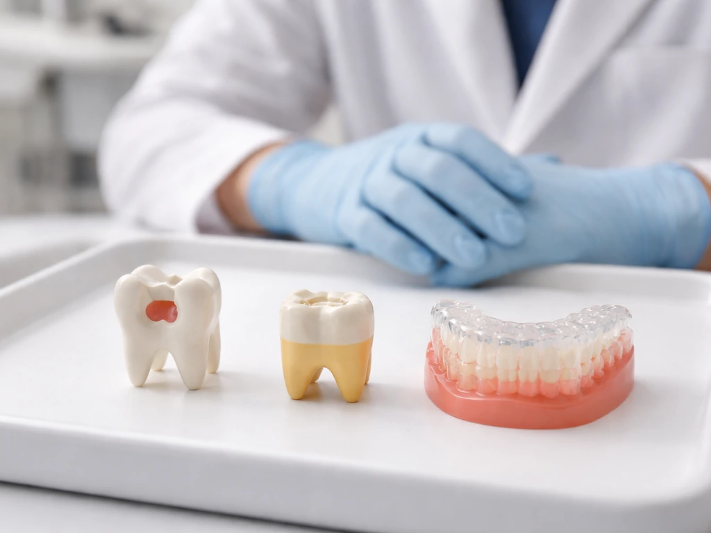 Gloved hands beside three tooth models on a clinic tray showing missing tooth, worn enamel, and delayed eruption options