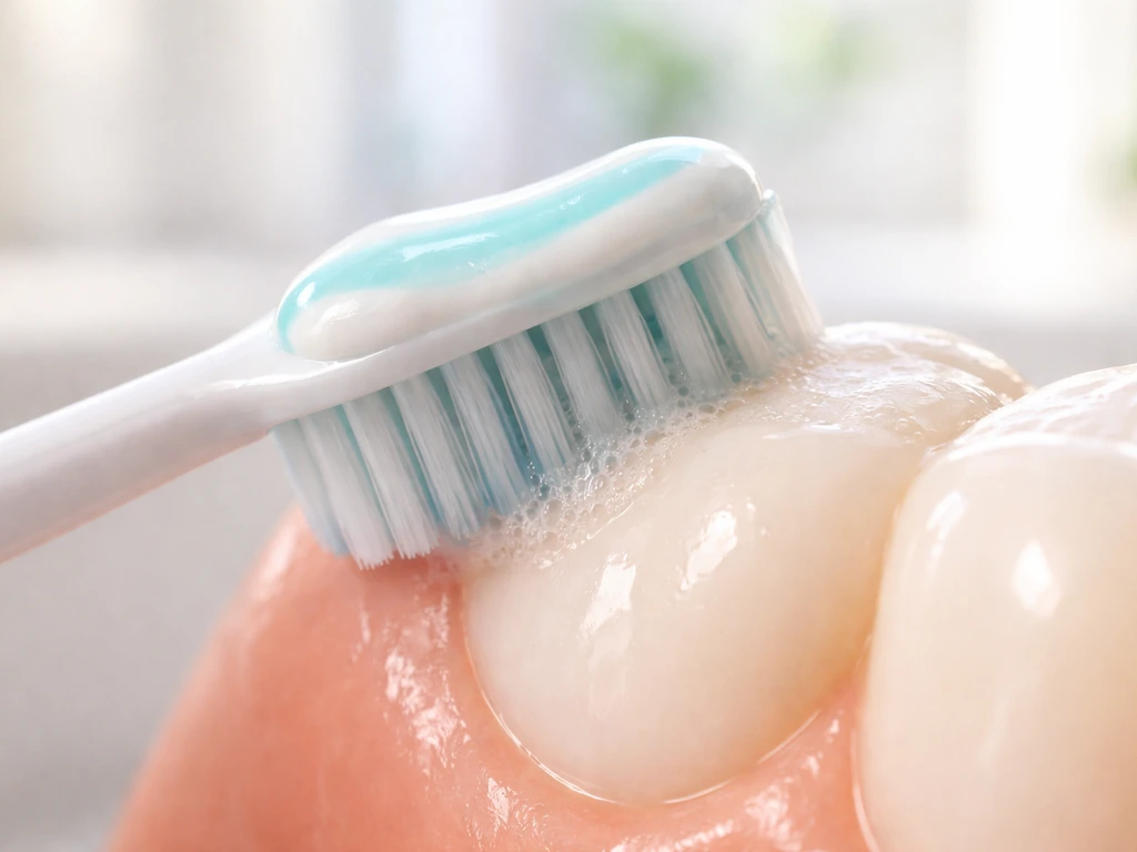 Close-up of fluoride toothpaste on a soft toothbrush brushing a tooth enamel surface