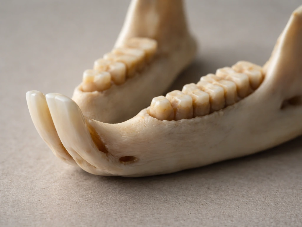 Macro view of rabbit jaw showing incisors in front and cheek teeth grinding surfaces with worn areas