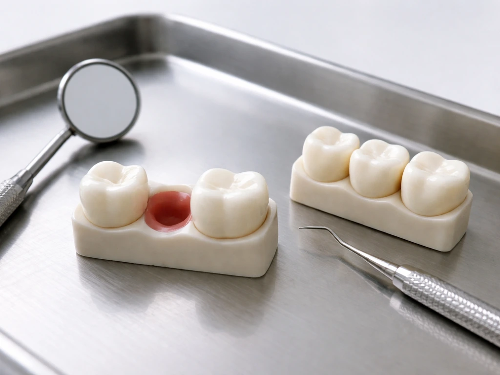 Close-up dental exam tray with a model showing an extracted tooth gap and a tool for checking tooth wear
