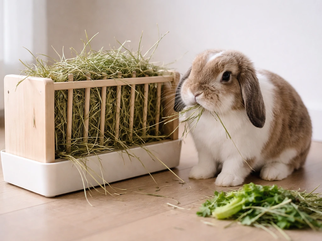 Rabbit eating grass hay from a slow-feeding hay feeder with greens and hay nearby.