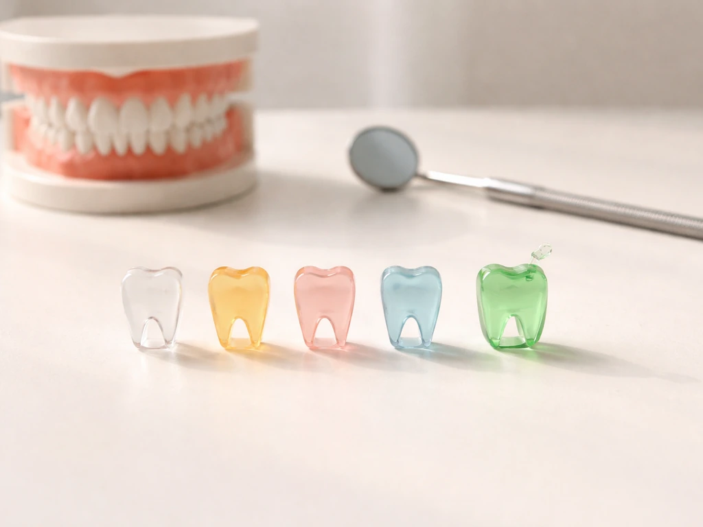Unlabeled row of translucent tooth icons on a tabletop with one shown as still erupting.