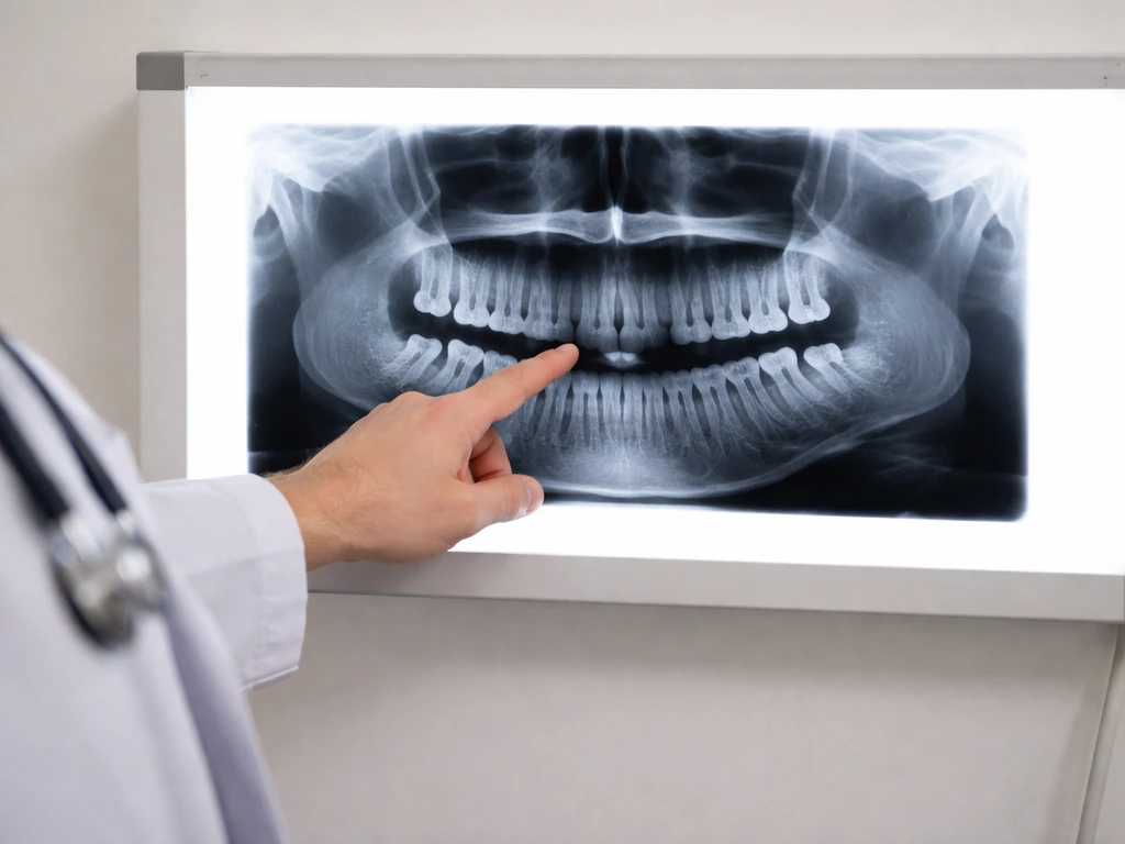 Dentist pointing at a panoramic dental X-ray showing wisdom teeth angled