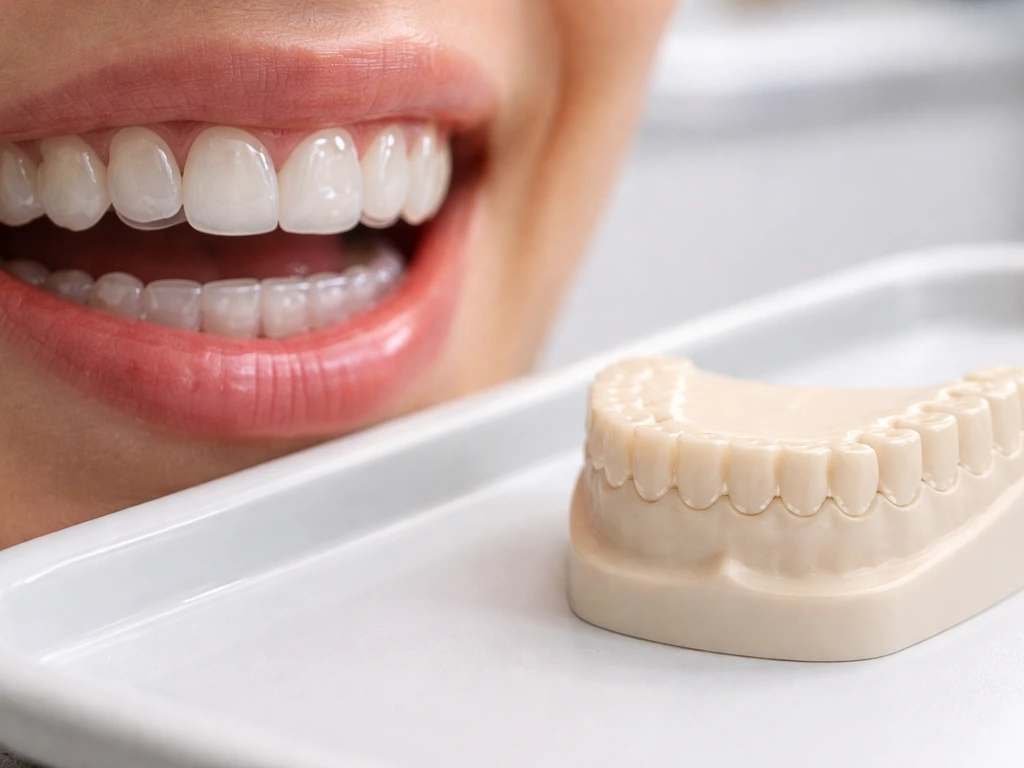Close-up of upper and lower teeth with a clear orthodontic aligner and dental model setup