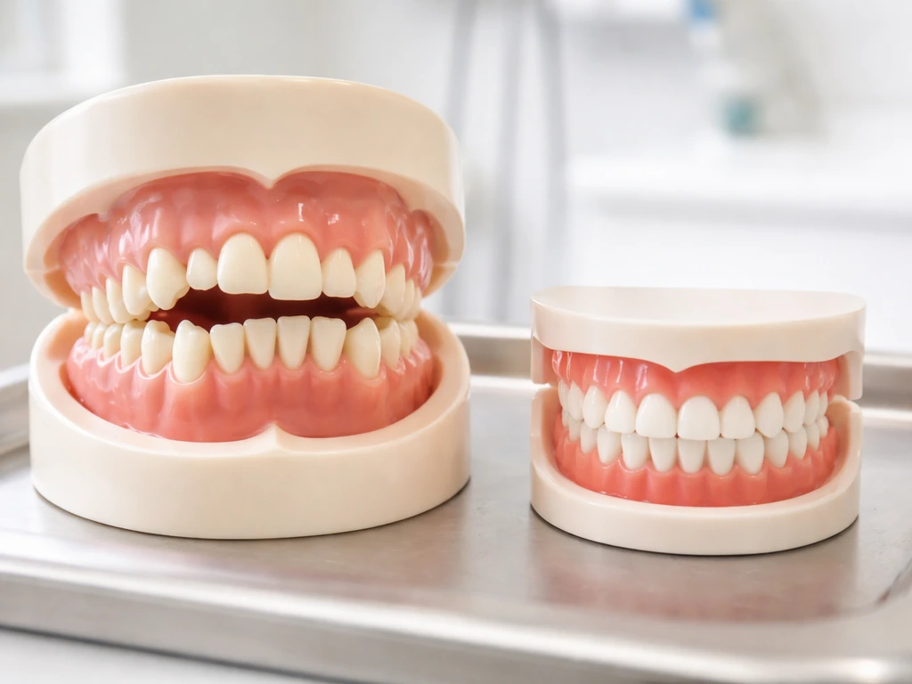 Close-up of a dental clinic chair showing both crooked and aligned teeth using a realistic dental model