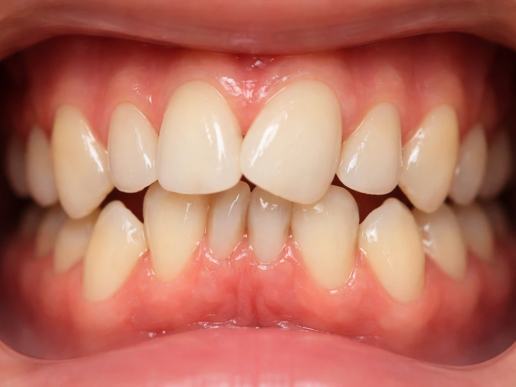 Close-up of crowded overlapping teeth showing rotations and slight forward pile-up in a clean dental view.