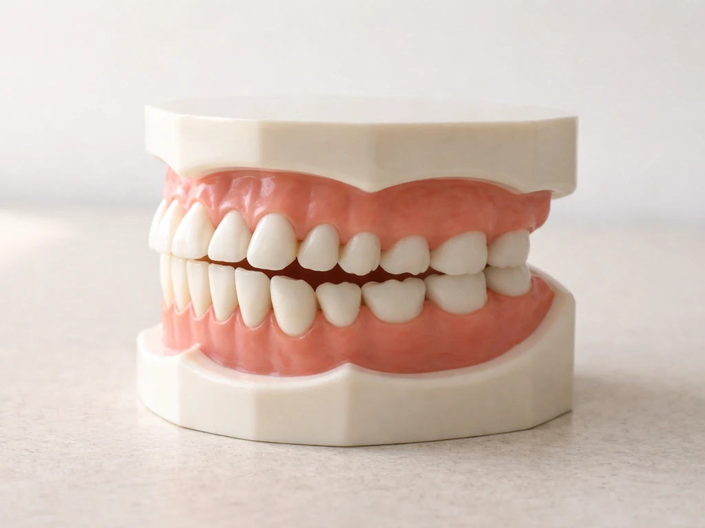 Side-view dental model showing misaligned upper and lower teeth contact.
