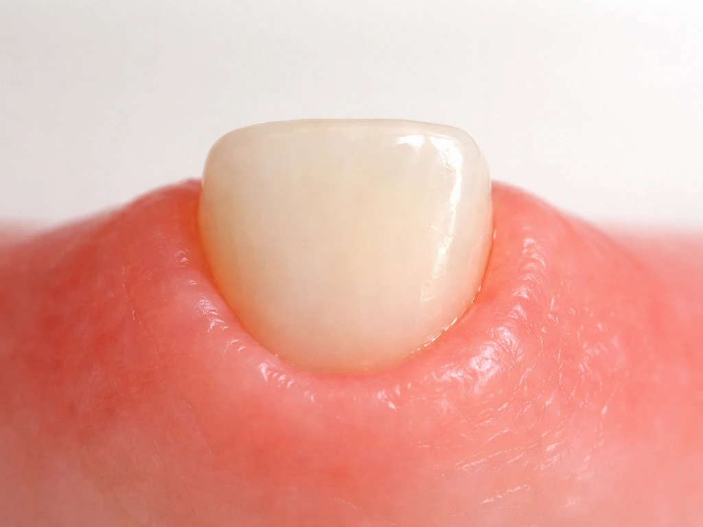 Macro close-up of a front tooth partially erupted from the gum, appearing smaller