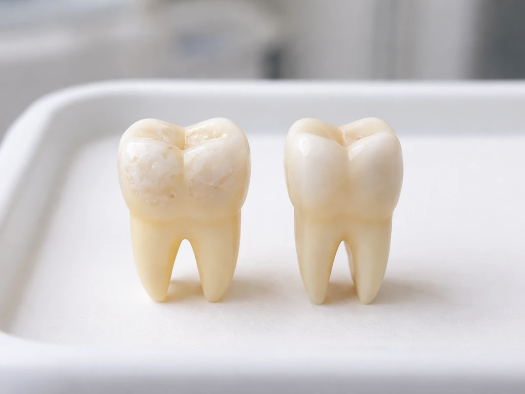 Close-up of two simple dental tooth models showing thinner enamel and a peg-shaped enamel surface side by side.