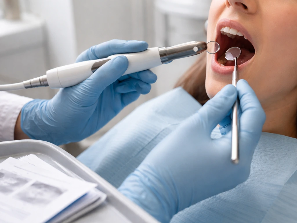 Dentist uses an intraoral camera and mirror during an exam over a patient’s mouth in a bright clinic.