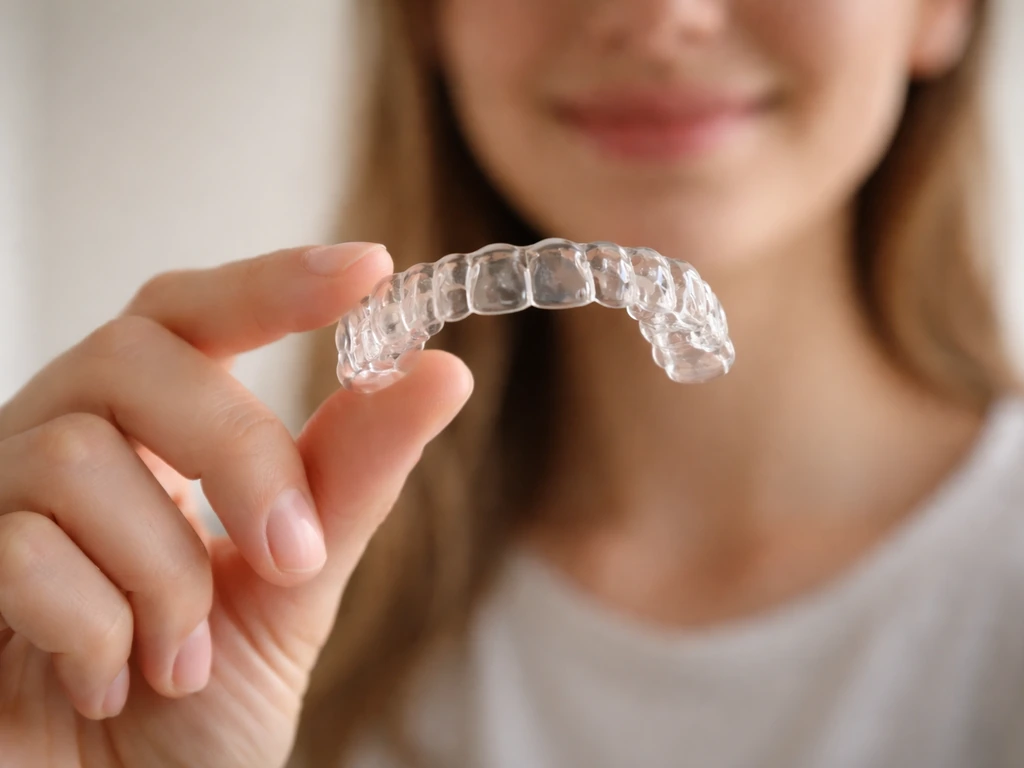 Anonymous person holding a clear orthodontic aligner against a minimal clinic background.