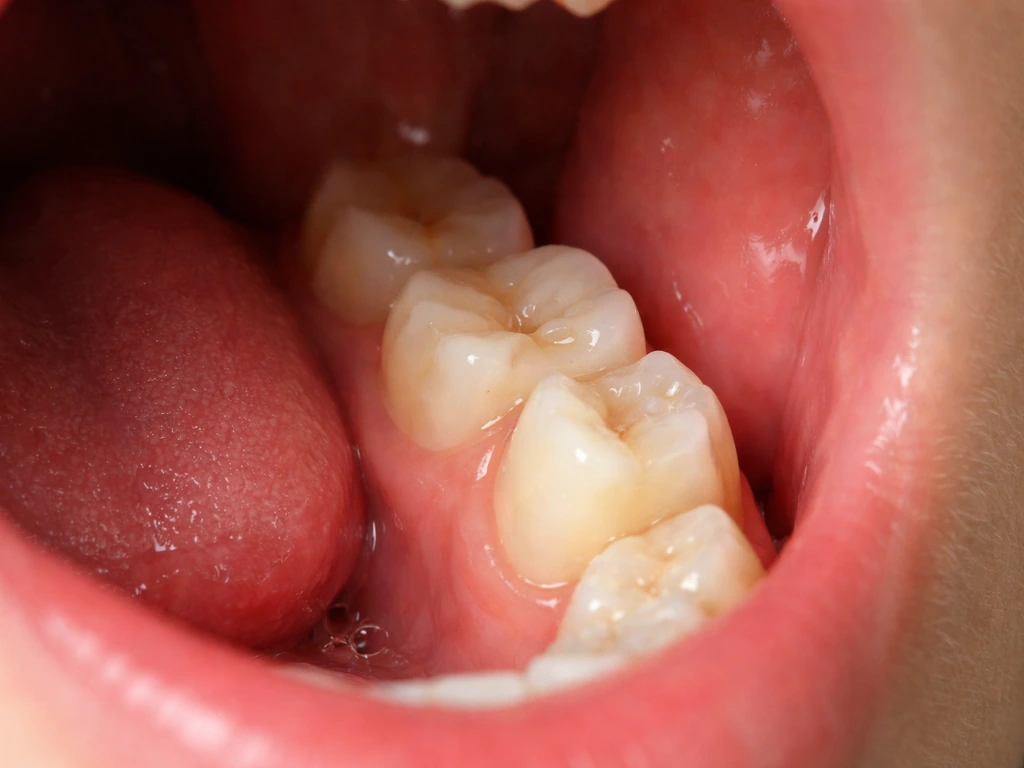 Close-up of mixed dentition showing baby teeth next to erupting permanent teeth.