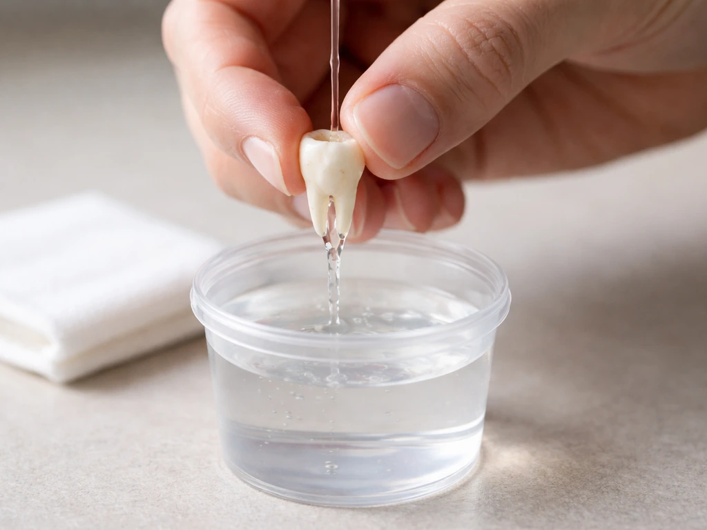 Hands holding a knocked-out tooth by the crown, rinsed in saline, ready for reimplantation