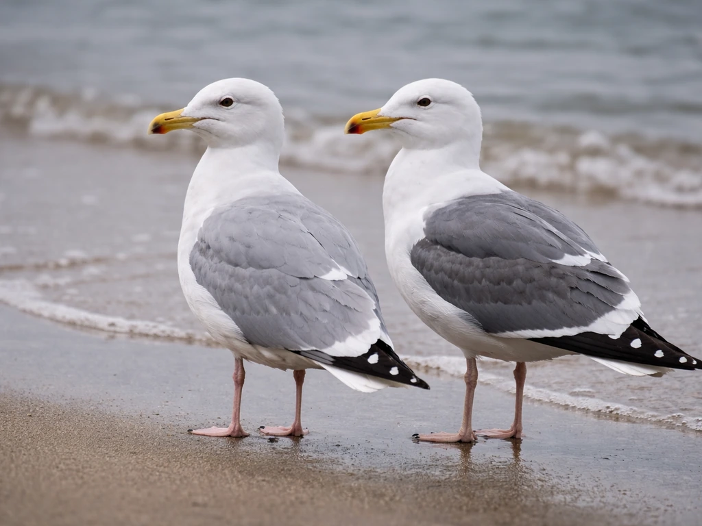 Close-up of two gulls near a shoreline, highlighting different markings for seagull vs California gull confusion.