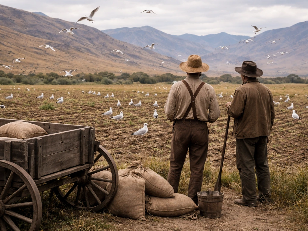 Mid-1800s Salt Lake Valley farm with anonymous settlers and California gulls near the fields