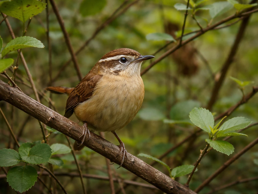 Carolina wren perched among Carolina shrubs, showing white eyebrow stripe and cinnamon underparts.