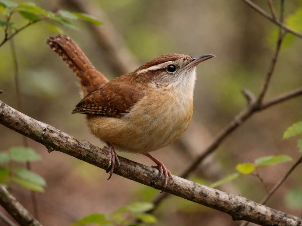 Carolina wren perched on a low branch in a quiet forest understory, tail slightly cocked.