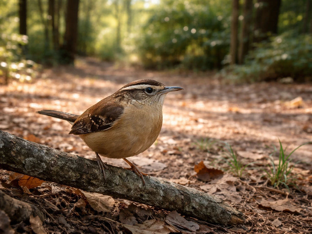Carolina wren perched on a backyard branch with leaf litter and sunlit greenery in South Carolina