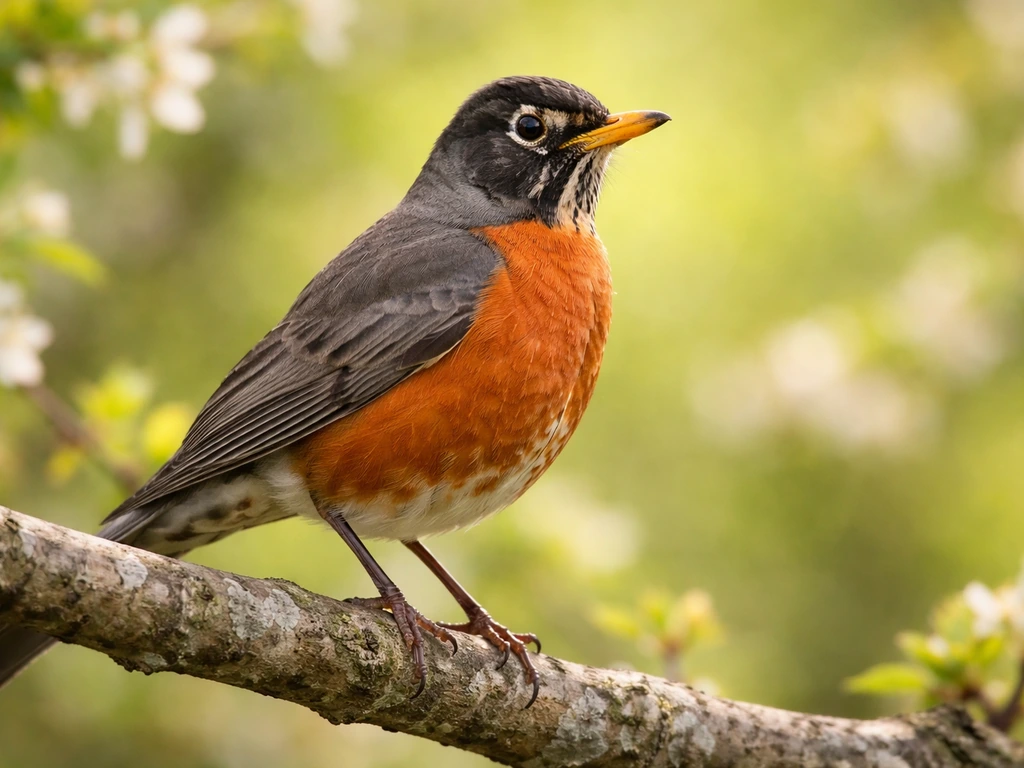 American robin perched on a branch in spring, softly blurred greenery in the background