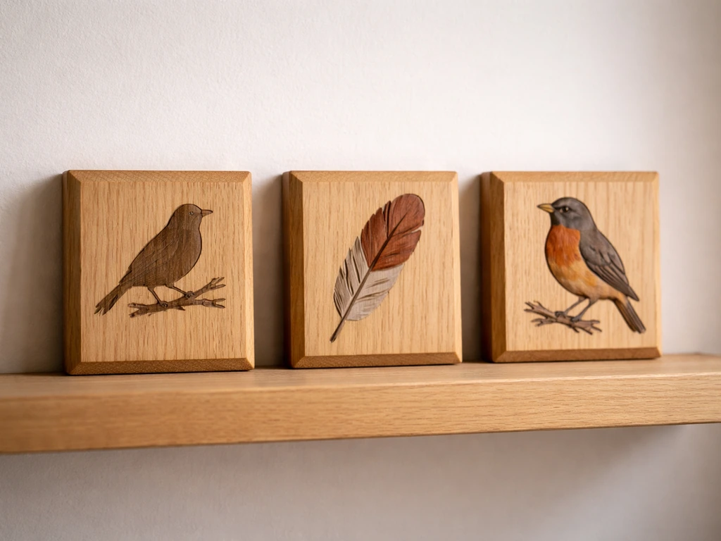 Three side-by-side wooden plaques with subtle American robin motifs, suggesting state-bird designations.