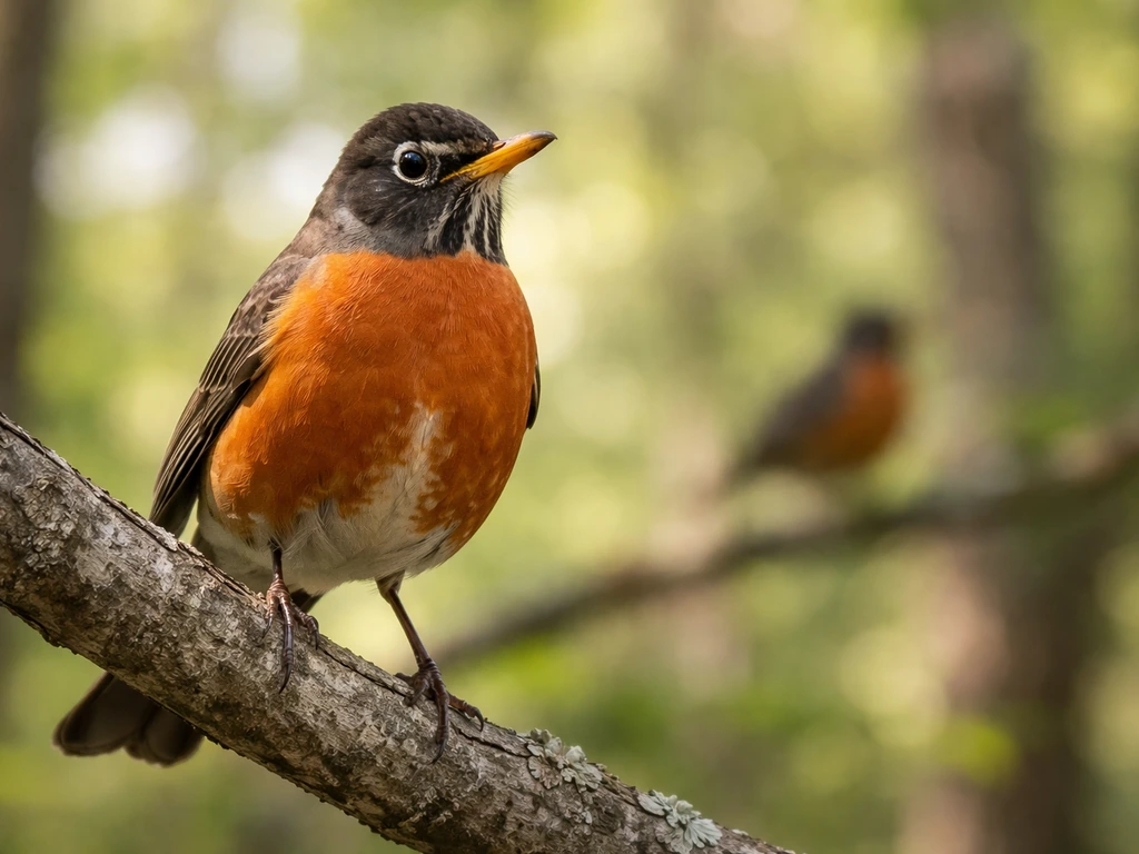 American robin perched on a branch, with a blurred European robin-like bird in the background