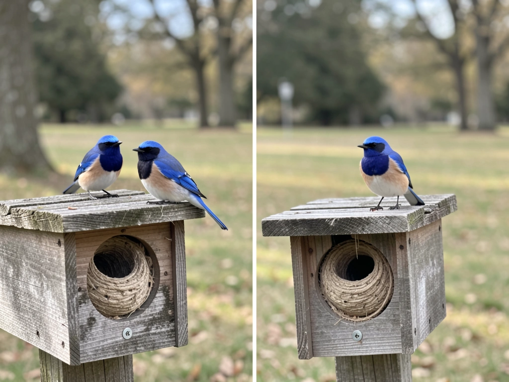 Eastern Bluebird male vs female comparison on nest box perch
