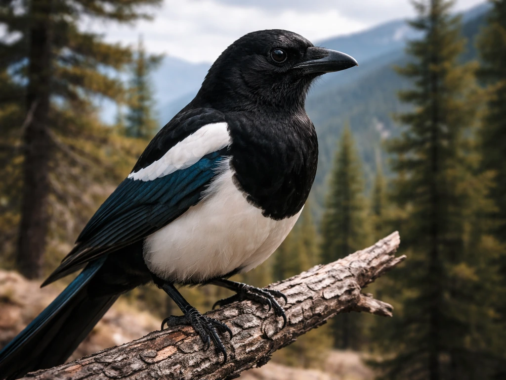 Black-billed magpie perched on a branch with a softly blurred Montana-like outdoor background.