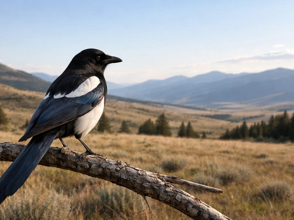Black-and-white magpie perched outdoors with a wide Montana landscape and open sky behind it