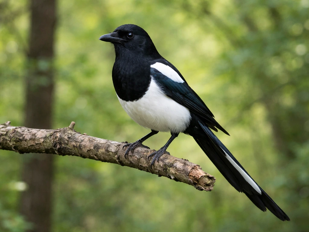 Black-billed magpie perched on a branch, clearly showing black-and-white plumage and long tail