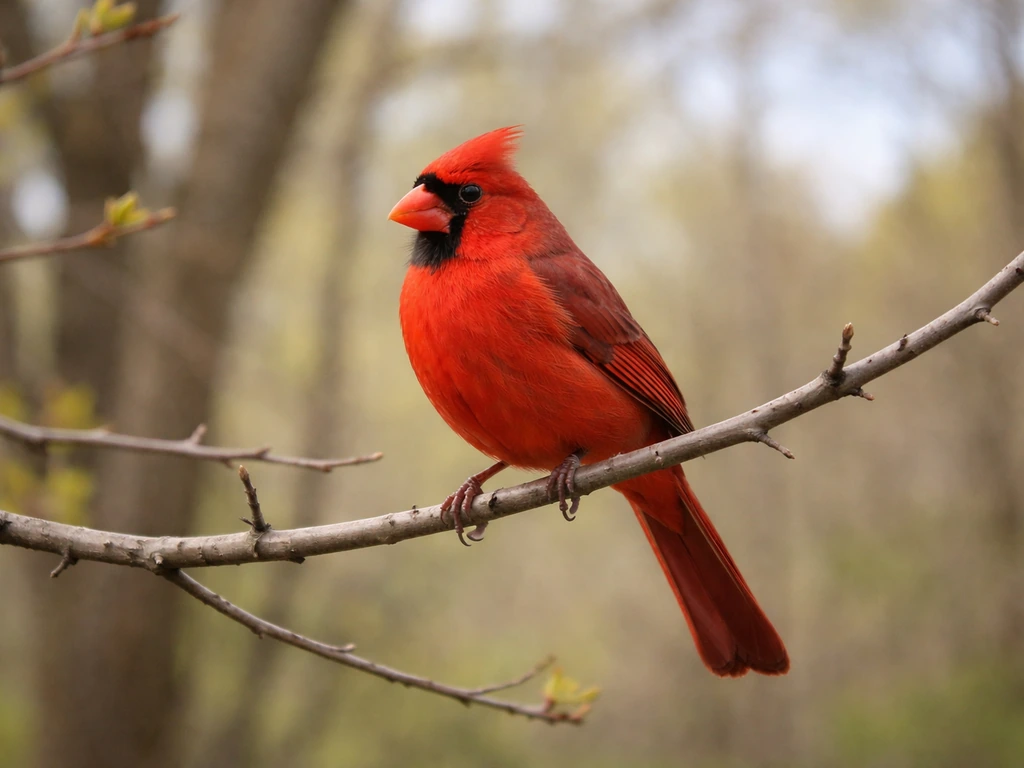 A Northern Cardinal perched on a bare branch with a softly blurred natural background.