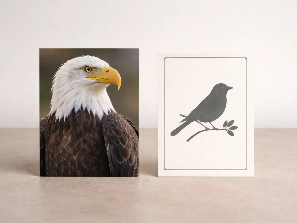 Bald eagle perched beside a simple state-bird-style silhouette card on a neutral tabletop.