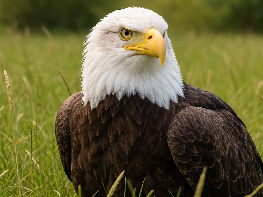 Close-up of a bald eagle in a field showing white head, dark body, and bright yellow hooked bill.