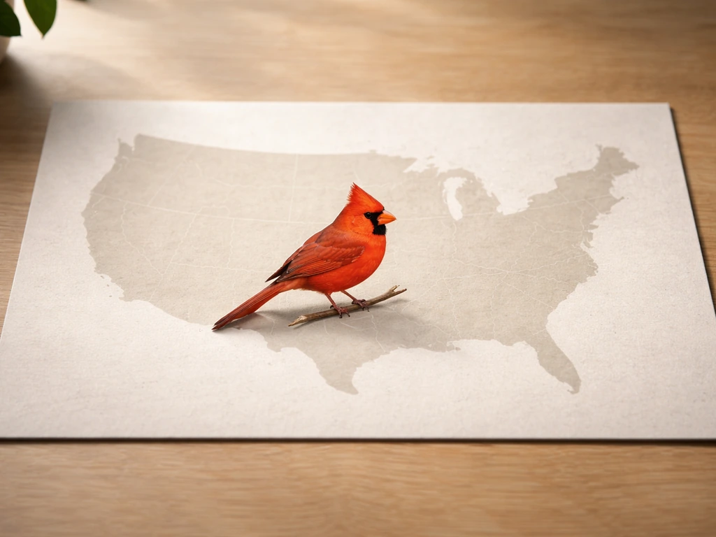 Minimal photo showing a bird-themed U.S. map-style backdrop with a Northern Cardinal icon