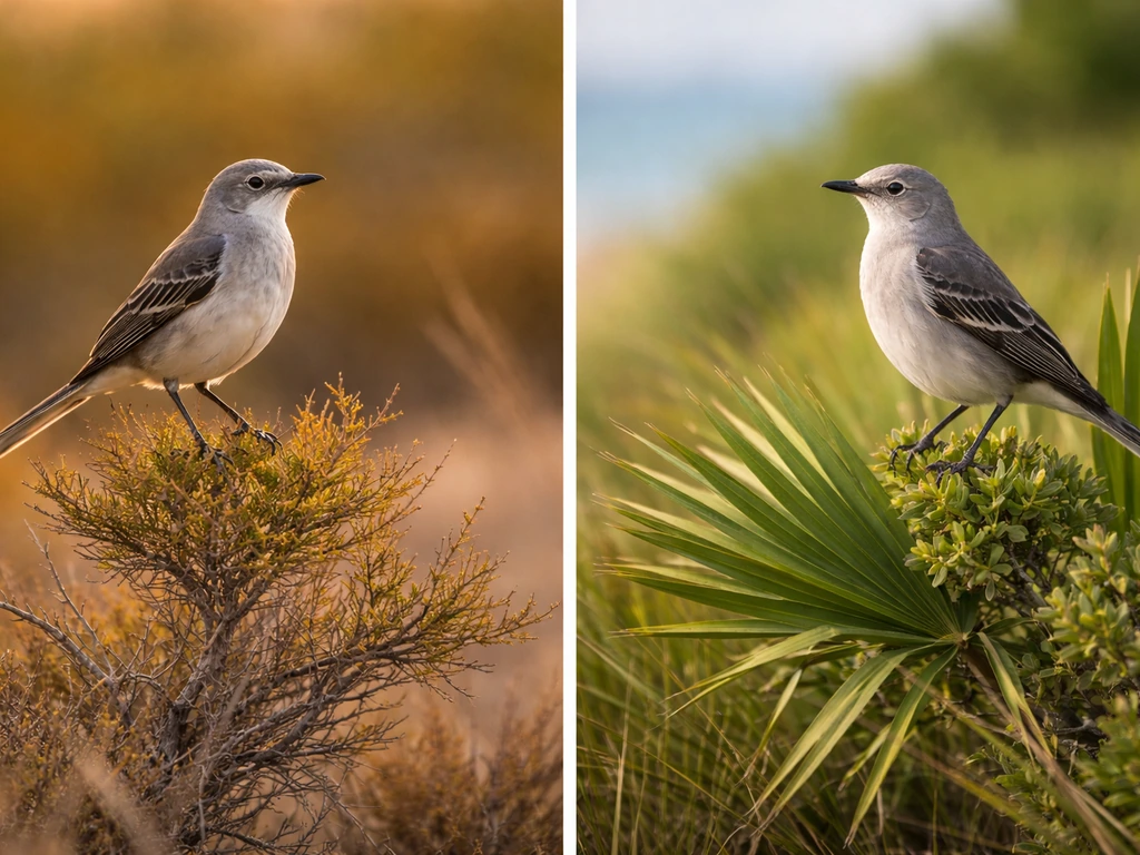 Side-by-side Texas vs Florida scenes with a northern mockingbird perched on plants.