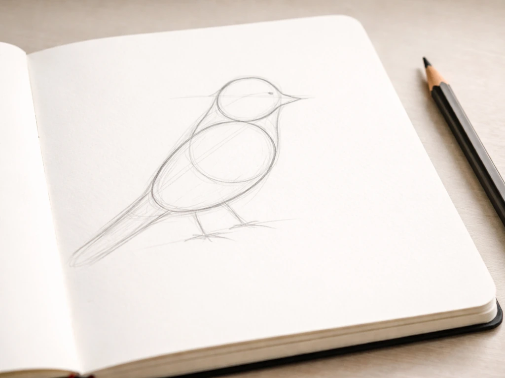 Close-up of a pencil sketch showing two overlapping ovals and head/neck guides for a songbird silhouette.